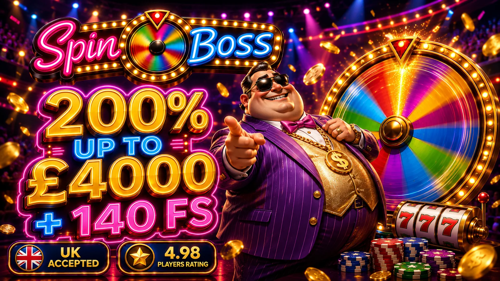 SpinBoss casino welcome bonus — 200% up to £4,000 + 140 Free Spins
